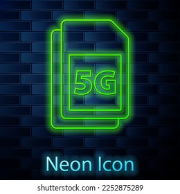 Glowing neon line 5G Sim Card icon isolated on brick wall background. Mobile and wireless communication technologies. Network chip electronic connection.  Vector