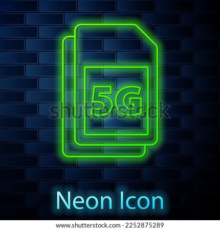 Glowing neon line 5G Sim Card icon isolated on brick wall background. Mobile and wireless communication technologies. Network chip electronic connection.  Vector