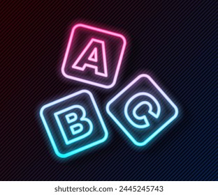 Glühende Neonlinie ABC-Blöcke Symbol isoliert auf schwarzem Hintergrund. Alphabet-Würfel mit den Buchstaben A, B, C. Vektorgrafik