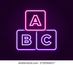 Icono de bloques ABC de línea de neón brillante aislado sobre fondo negro. Cubos del alfabeto con letras A, B, C. Concepto de contorno colorido. Vector