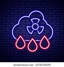 Glowing neon line Acid rain and radioactive cloud icon isolated on brick wall background. Effects of toxic air pollution on the environment. Colorful outline concept. Vector