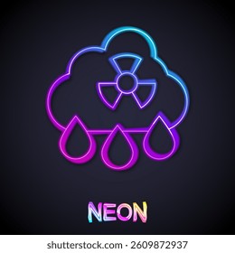 Glowing neon line Acid rain and radioactive cloud icon isolated on black background. Effects of toxic air pollution on the environment.  Vector