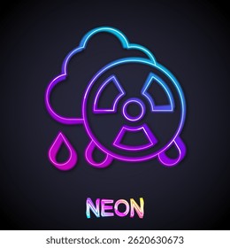 Glowing neon line Acid rain and radioactive cloud icon isolated on black background. Effects of toxic air pollution on the environment.  Vector