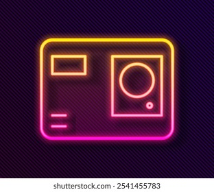 Glowing neon line Action extreme camera icon isolated on black background. Video camera equipment for filming extreme sports.  Vector Illustration