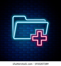 Glowing neon line Add new folder icon isolated on brick wall background. New folder file sign. Copy document. Add attach create folder make new plus. Colorful outline concept. Vector