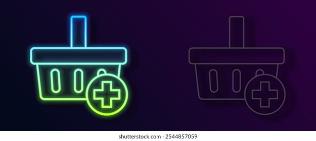 Glowing neon line Add to Shopping basket icon isolated on black background. Online buying concept. Delivery service. Supermarket basket symbol.  Vector