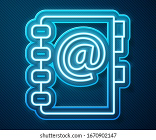 Glowing neon line Address book icon isolated on blue background. Notebook, address, contact, directory, phone, telephone book icon.  Vector Illustration