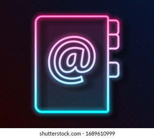 Glowing neon line Address book icon isolated on black background. Notebook, address, contact, directory, phone, telephone book icon.  Vector Illustration