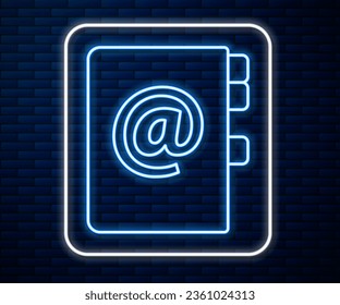 Glowing neon line Address book icon isolated on brick wall background. Notebook, address, contact, directory, phone, telephone book icon.  Vector Illustration