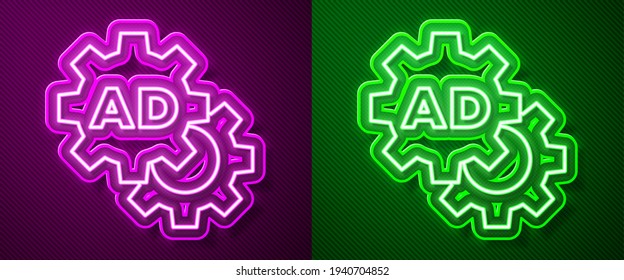 Glowing neon line Advertising icon isolated on purple and green background. Concept of marketing and promotion process. Responsive ads. Social media advertising.  Vector