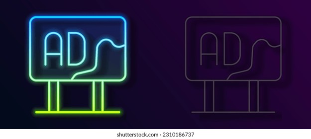 Glowing neon line Advertising icon isolated on black background. Concept of marketing and promotion process. Responsive ads. Social media advertising.  Vector