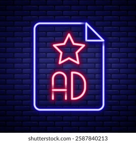 Glowing neon line Advertising icon isolated on brick wall background. Concept of marketing and promotion process. Responsive ads. Social media advertising. Colorful outline concept. Vector