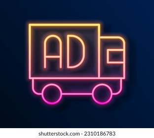 Glowing neon line Advertising on truck icon isolated on black background. Concept of marketing and promotion process. Responsive ads. Social media advertising.  Vector