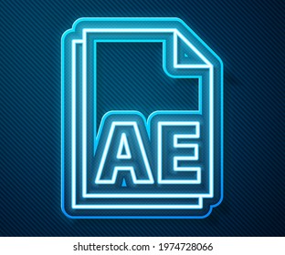 Glowing neon line AE file document icon isolated on blue background.  Vector Illustration