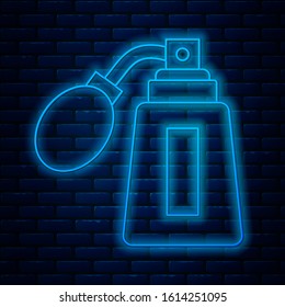 Glowing neon line Aftershave bottle with atomizer icon isolated on brick wall background. Cologne spray icon. Male perfume bottle.  Vector Illustration