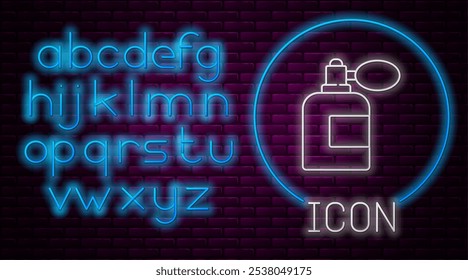 Glowing neon line Aftershave bottle with atomizer icon isolated on brick wall background. Cologne spray icon. Male perfume bottle. Neon light alphabet. Vector Illustration