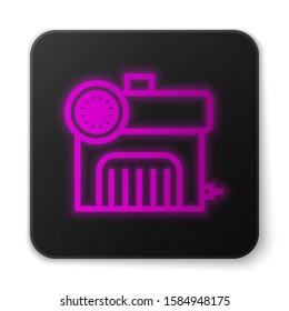 Glowing neon line Air compressor icon isolated on white background. Black square button. Vector Illustration
