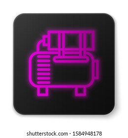 Glowing neon line Air compressor icon isolated on white background. Black square button. Vector Illustration