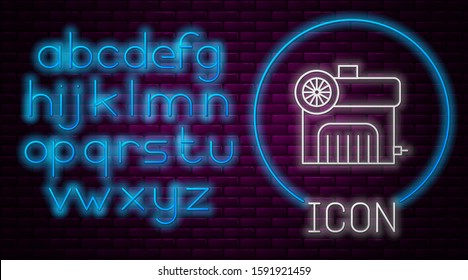 Glowing neon line Air compressor icon isolated on brick wall background. Neon light alphabet. Vector Illustration