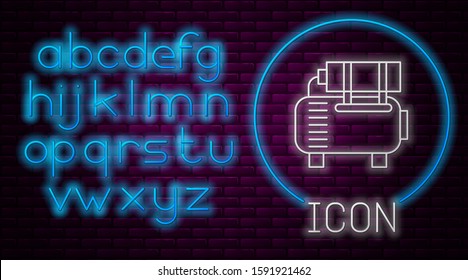 Glowing neon line Air compressor icon isolated on brick wall background. Neon light alphabet. Vector Illustration