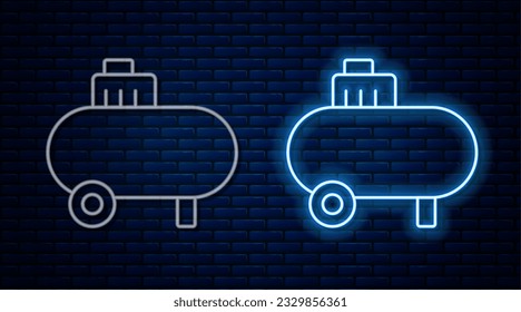 Glowing neon line Air compressor icon isolated on brick wall background.  Vector