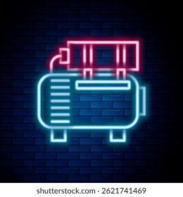 Icono brillante del compresor de aire de la línea de neón aislado en fondo de la pared del ladrillo. Concepto de contorno colorido. Vector