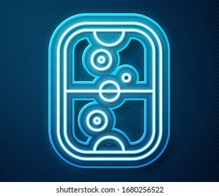 Glowing neon line Air hockey table icon isolated on blue background.  Vector Illustration