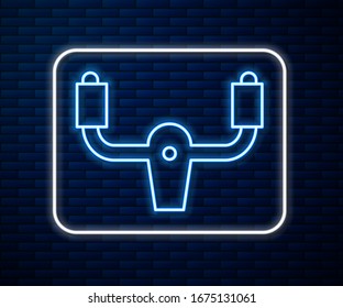 Glowing neon line Aircraft steering helm icon isolated on brick wall background. Aircraft control wheel.  Vector Illustration