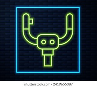 Glowing neon line Aircraft steering helm icon isolated on brick wall background. Aircraft control wheel.  Vector