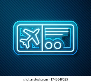 Glowing neon line Airline ticket icon isolated on blue background. Plane ticket.  Vector Illustration