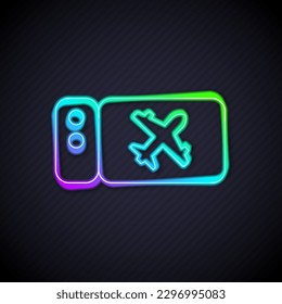 Glowing neon line Airline ticket icon isolated on black background. Plane ticket.  Vector
