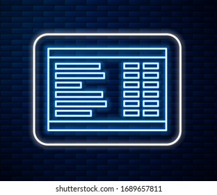 Glowing neon line Airport board icon isolated on brick wall background. Mechanical scoreboard. Info of flight on the billboard in the airport.  Vector Illustration