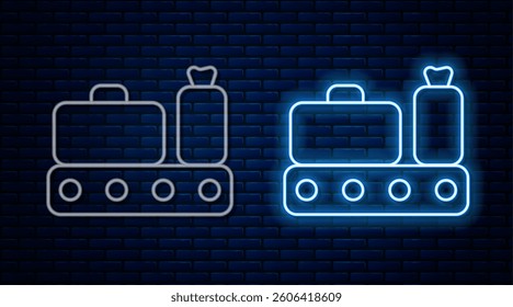 Glowing neon line Airport conveyor belt with passenger luggage, suitcase, bag, baggage icon isolated on brick wall background.  Vector