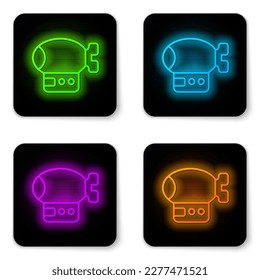 Glowing neon line Airship icon isolated on white background. Black square button. Vector