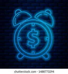 Glowing neon line Alarm clock with dollar symbol icon isolated on brick wall background. Time is money. Effective time management. Business concept.  Vector Illustration
