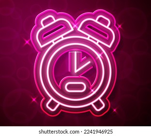Glowing neon line Alarm clock icon isolated on red background. Wake up, get up concept. Time sign.  Vector