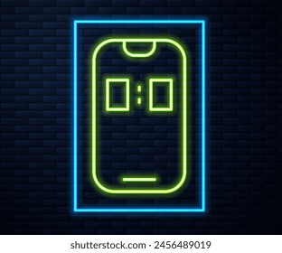 Glowing neon line Alarm clock app smartphone interface icon isolated on brick wall background.  Vector
