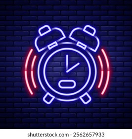 Glowing neon line Alarm clock icon isolated on brick wall background. Wake up, get up concept. Time sign. Colorful outline concept. Vector