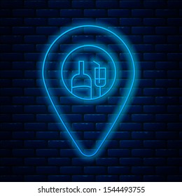 Glowing neon line Alcohol or beer bar location icon isolated on brick wall background. Symbol of drinking, pub, club, bar.  Vector Illustration