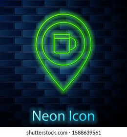 Glowing neon line Alcohol or beer bar location icon isolated on brick wall background. Symbol of drinking, pub, club, bar.  Vector Illustration