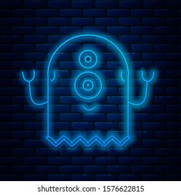 Glowing neon line Alien icon isolated on brick wall background. Extraterrestrial alien face or head symbol.  Vector Illustration