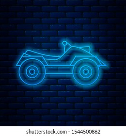 Glowing neon line All Terrain Vehicle or ATV motorcycle icon isolated on brick wall background. Quad bike. Extreme sport.  Vector Illustration