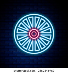 Glowing neon line Alloy wheel for a car icon isolated on brick wall background. Colorful outline concept. Vector