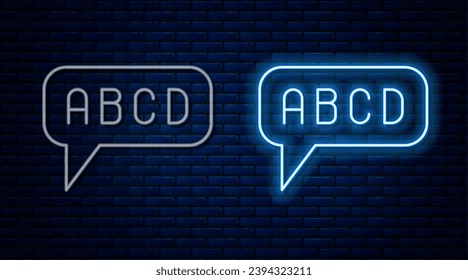 Glowing neon line Alphabet icon isolated on brick wall background.  Vector