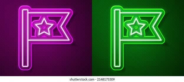 Glowing neon line American flag icon isolated on purple and green background. Flag of USA. United States of America.  Vector