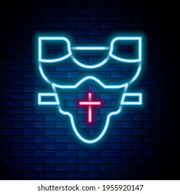 Glowing neon line American football player chest protector icon isolated on brick wall background. Shoulder and chest protection for upper body. Team sports. Colorful outline concept. Vector