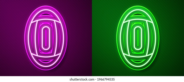 Glowing neon line American Football ball icon isolated on purple and green background. Rugby ball icon. Team sport game symbol.  Vector Illustration