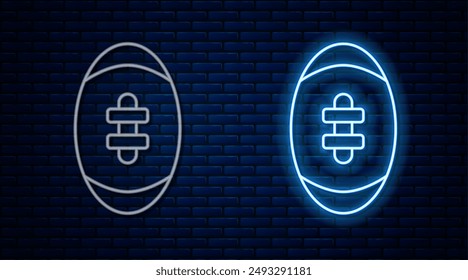 Glowing neon line American Football ball icon isolated on brick wall background. Rugby ball icon. Team sport game symbol.  Vector