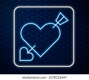 Glowing neon line Amour symbol with heart and arrow icon isolated on brick wall background. Love sign. Valentines symbol.  Vector