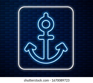 Glowing neon line Anchor icon isolated on brick wall background.  Vector Illustration